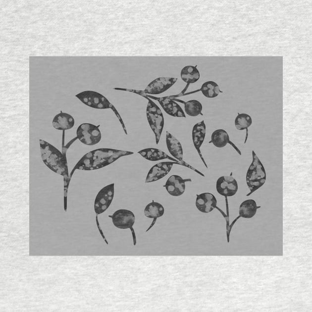 Winter snow-covered berries. Hand drawn watercolor blueberries and leaves clipart on grey background. Perfect for greeting card, postcard, poster, logo, textile, fabric, packaging, wrapping paper. by Olesya Pugach